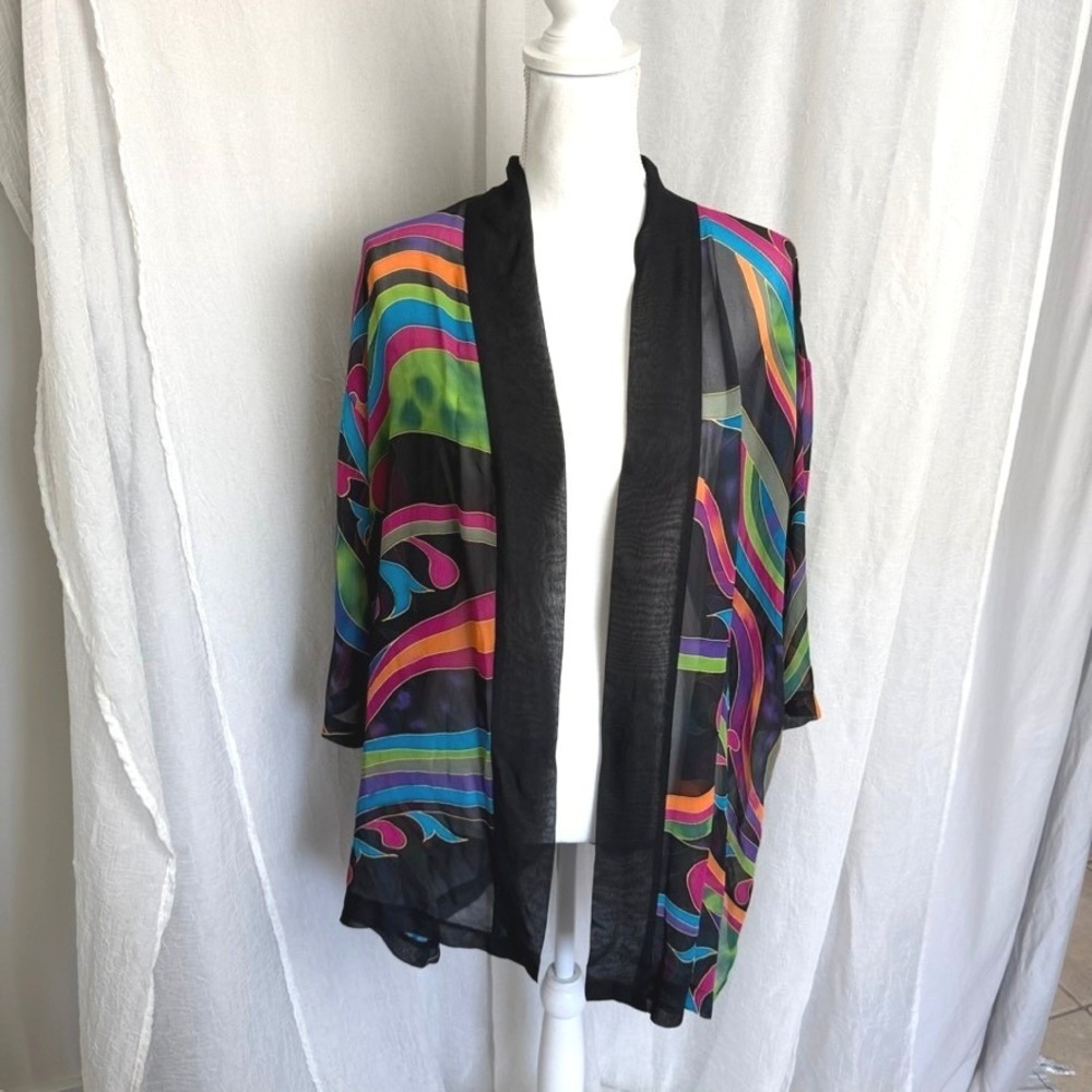 Sterling Styles Kimono Wrap Women L Multi Color Silk Art to Wear Vintage Coverup